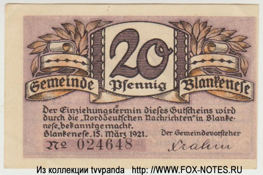 Gemeindesparkasse Blankenese 20 Pfennig 1921