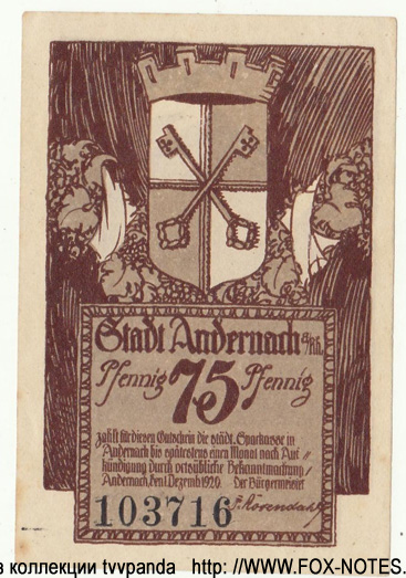Stadt Andernach 75 Pfennig 1921
