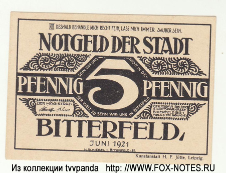 Stadt Bitterfeld Notgeld. 5 Pfennig. Juni 1921