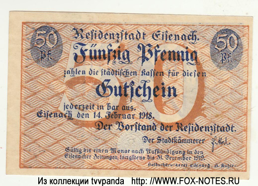 Stadtkassen Eisenach 50 Pfennig 1918