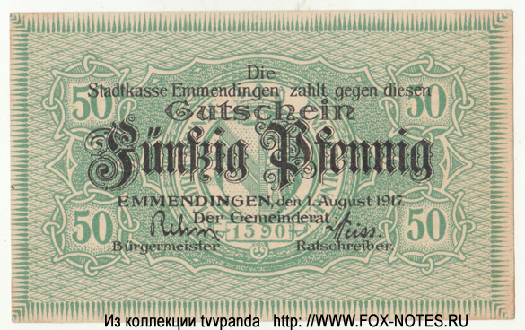 Stadtkasse Emmendingen. 50 pfennig. Gutschein. 1. August 1917