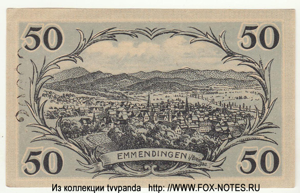 Stadtgemeinde Emmendingen. 50 pfennig. Gutschein. 11. Februar 1921.