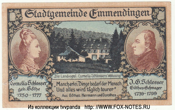 Stadtgemeinde Emmendingen. 50 pfennig. Gutschein. 1. Oktober 1921.