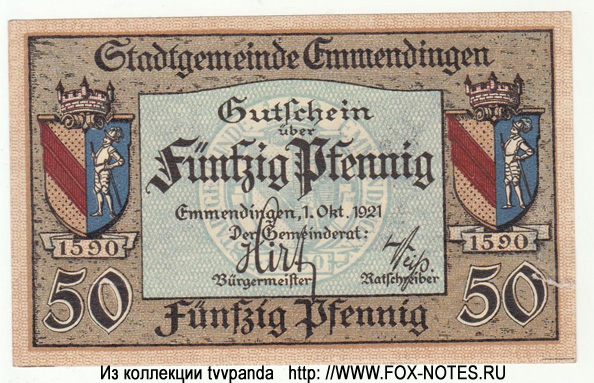 Stadtgemeinde Emmendingen. 50 pfennig. Gutschein. 1. Oktober 1921.