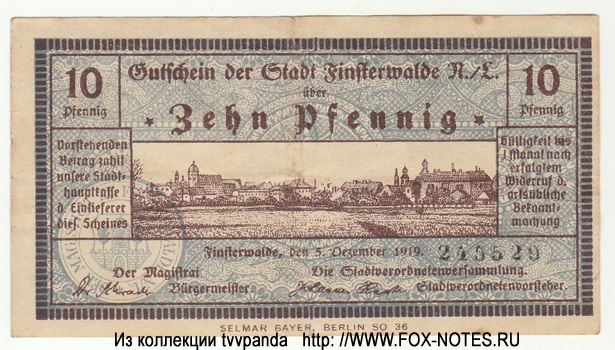 Gutschein der Stadt Finsterwalde. 10 Pfennig. 5. Dezember 1919.