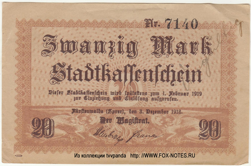Stadt Fürstenwalde Spree. Stadtkassenschein. 20 Mark. (3. Dezember 1918.)