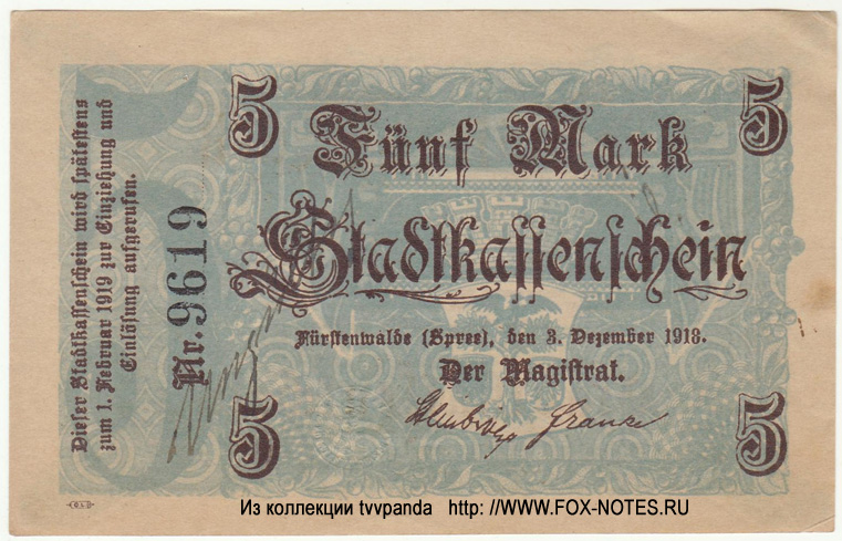 Stadt Fürstenwalde Spree. Stadtkassenschein. 5 Mark. (3. Dezember 1918.)