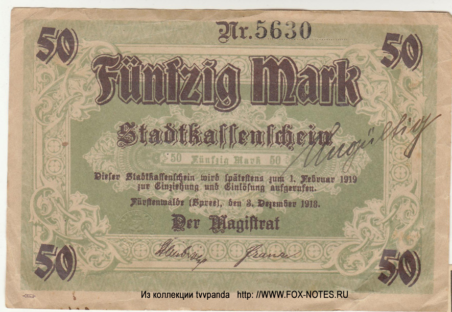 Stadt Fürstenwalde Spree. Stadtkassenschein. 50 Mark. (3. Dezember 1918.)