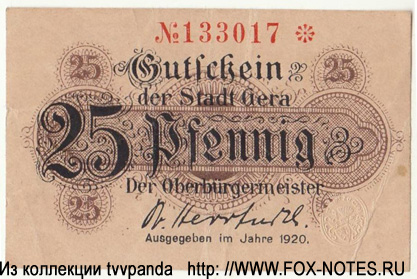 Stadt Gera. Notgeld. 25 Pfennig. 1920.