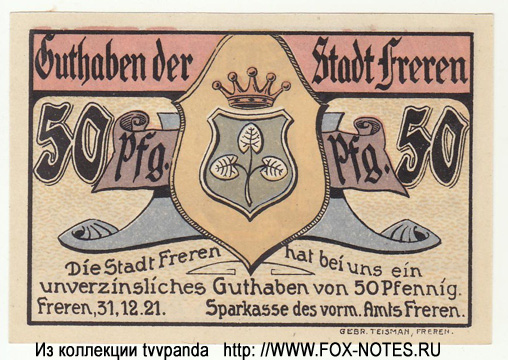 Notgeld der Stadt Freren. 50 Pfennig 1921.