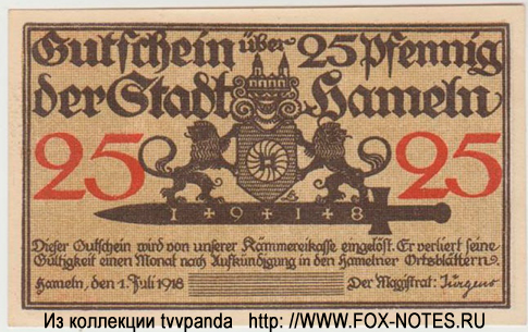 Stadt Hameln Gutschein. 25 Pfennig 1. Juni 1918. ( )