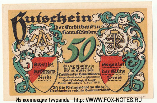Creditbank zu Hann. Münden e.G.m.b.H. 50 Pfennig 1921 /Hann. Münden Notgeld