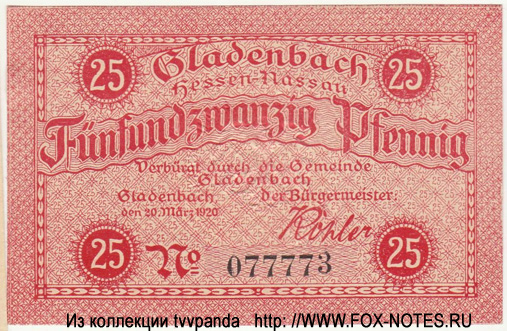 Gemeinde Gladenbach 25 Pfennig 1920