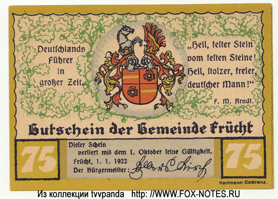 Gemeinde Frücht 75 Pfennig 1921