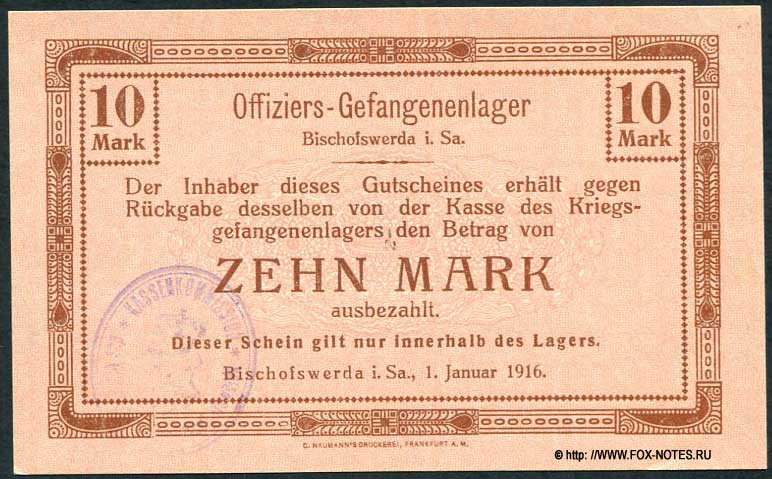 Offizier - Gefangenenlager Bischofswerda i. Sa. Gutschein.  10 Mark. 1. January 1916.
