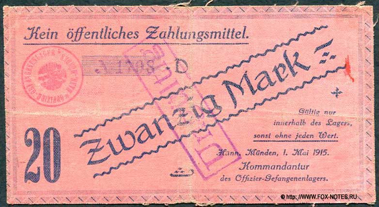 Offizier-Kriegsgefangenenlager Hannoversch Münden 20 Mark 1915 Serie D