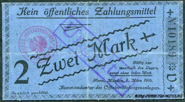 Offizier-Kriegsgefangenenlager Hannoversch Münden 2 Mark 1916 Serie U