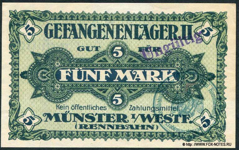 Gefangenenlager II. Münster Westfalen. Gutschein. 5 Mark.