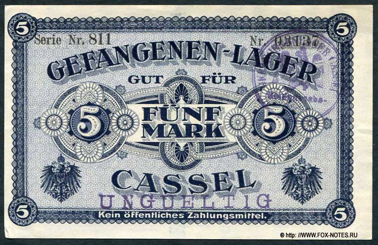 Gefangenenlager Cassel 5 Mark / Des Papiergeldes der Gefangenenlager im 1. Weltkrieg KGL
