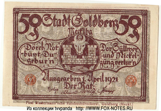 Stadt Goldberg. 50 Pfennig. 1921.
