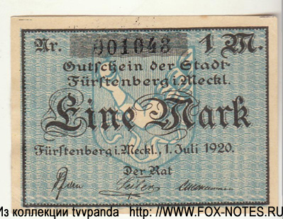 Stadt Fürstenberg in. Mecl. 1 mark 1920 NOTGELD