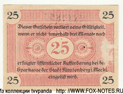 Stadt Fürstenberg in. Mecl. 25 Pfennig 1920 NOTGELD