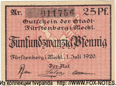 Stadt Fürstenberg in. Mecl. 25 Pfennig 1920 NOTGELD