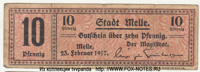 Stadt Melle. Gutschein. 10 Pfennig. 22. Februar 1917.