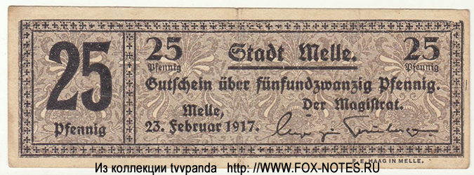 Stadt Melle. Gutschein. 25 Pfennig. 22. Februar 1917.
