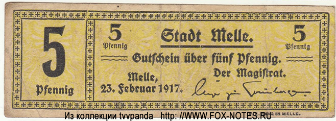 Stadt Melle. Gutschein. 5 Pfennig. 22. Februar 1917.