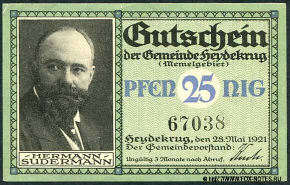 Gutschein der Gemeinde Heydekrug. 25 Pfennig. 28. Mai 1921.