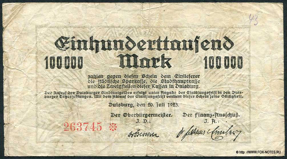 Stadt Duisburg 100000 Mark 1923