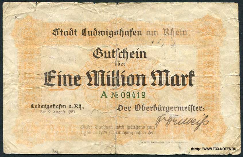 Stadt Ludwigshafen am Rhein 1000000 Mark 1923 Notgeld