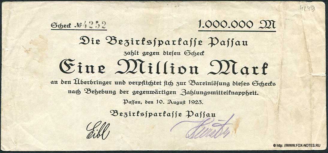 Bezirkssparkasse Passau 1000000 Mark 1923