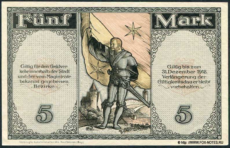 Kriegsnotgeld der Stadt Kaufbeuren i/Allgäu. 5 Mark. 15. Oktober 1918.