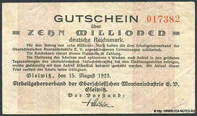 Arbeitgeberverband der Oberschlesischen Montanindustrie E.V. Gleiwitz 10 Millionen Mark 1923