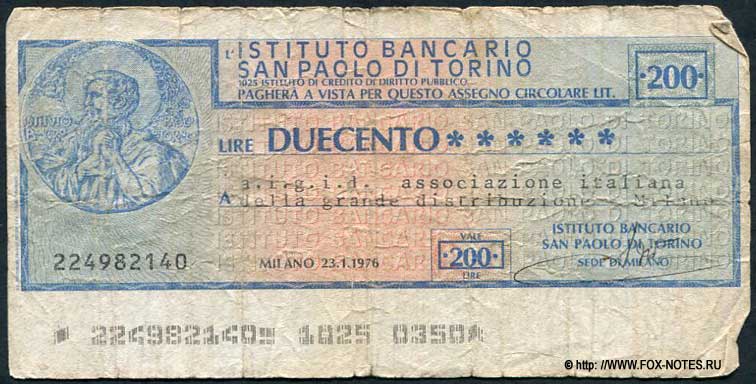 Instituto Bancario San Paolo di Torino. Miniassegni. a.i.g.i.d. assoazione italiana della grande distribuzione Milano 200  1976
