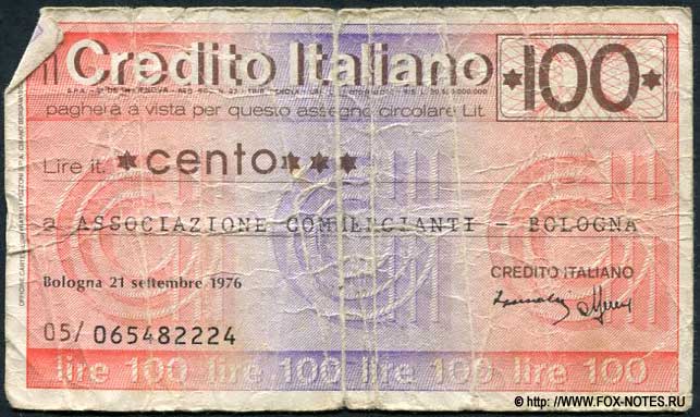 Credito Italiano.  - Miniassegni. 100 lire 1976 ASSOCIAZIONE COMMERCIANTI BOLOGNA
