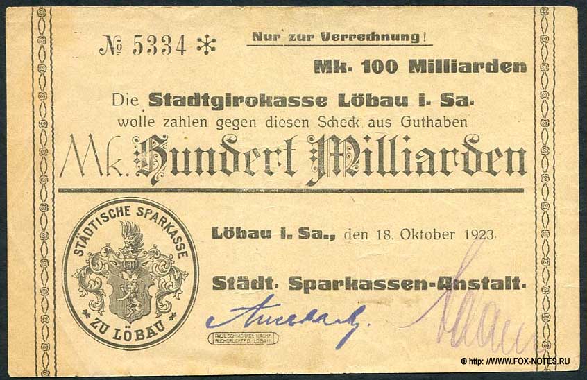 Lobau i. Sa. Stadtgirokasse 100 Milliarden Mark 1923