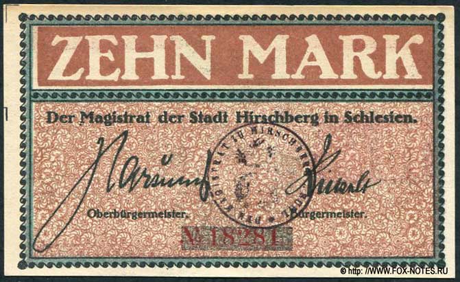 Notgeld der Stadt Hirschberg. 10 Mark. 1918. Gültig bis 15. Januar 1919.