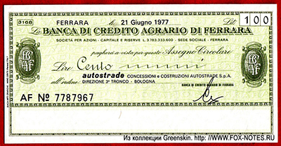 BANCA DI CREDITO AGRARIO DI FERRARA 100 lire 1977