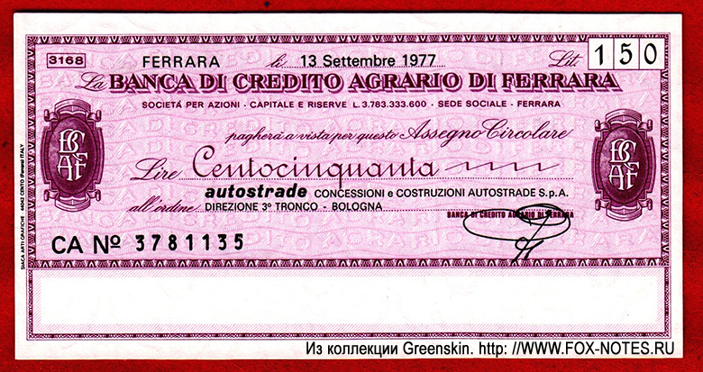 BANCA DI CREDITO AGRARIO DI FERRARA 150  1977