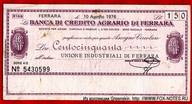 BANCA DI CREDITO AGRARIO DI FERRARA.  - Miniassegni. 150  1977