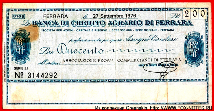 BANCA DI CREDITO AGRARIO DI FERRARA.  - Miniassegni. Associazione Prov. Commercianti di Ferrara 150  1977
