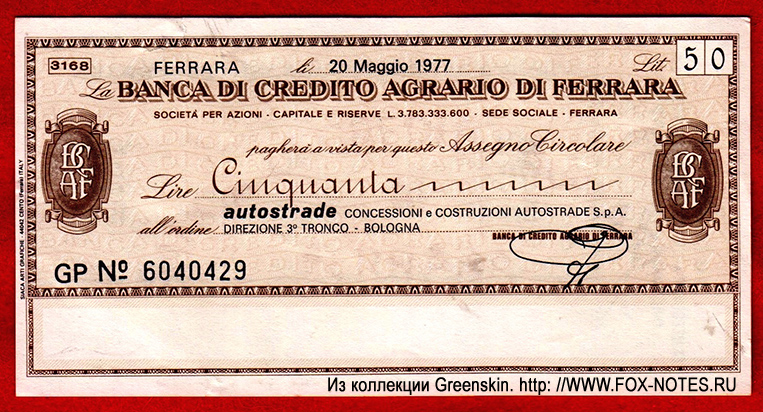 BANCA DI CREDITO AGRARIO DI FERRARA 50  1977