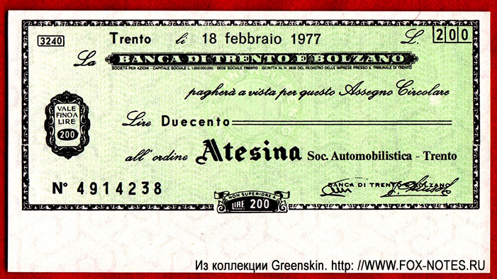 BANCA DI TRENTO E BOLZANO. 200 lire  - Miniassegni. Altesina Soc. Automobilistica - Trento