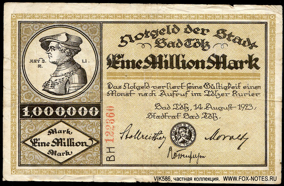Notgeld der Stadt Bad Tölz. 1 Million Mark. 14. August 1923.