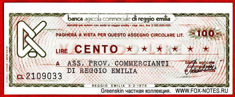 Banca Agricola di Reggio Emilia 100 lire 1976