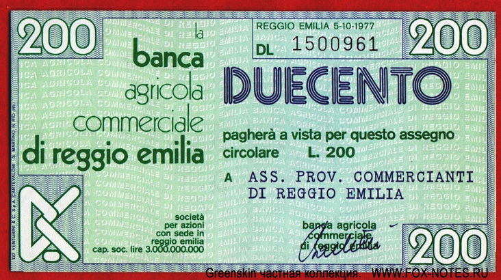 Banca Agricola di Reggio Emilia. 100 lire 197
