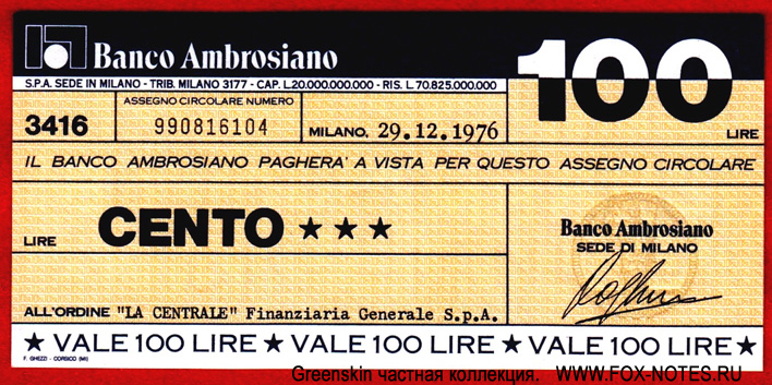 Banco Ambrosiano.  - Miniassegni. 100  1976 "LA CENTRALE" Finanziaria Generale S.p.A.